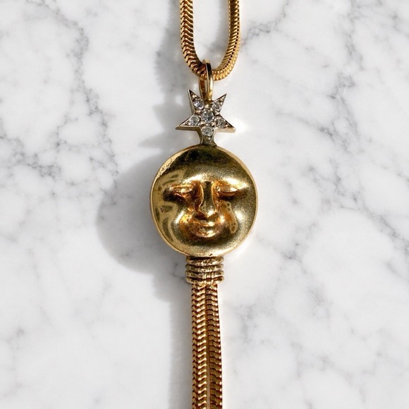 Italian Artisan Jewelry - Vintage Italian 18K Gold Diamond Celestial Moon Star Whimsigoth Lariat Necklace